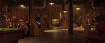 Movie still from “The Bad Guys” (2022), directed by Pierre Perifel – A room with a lot of furniture in it; Wide shot, High angle