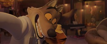 Movie still from “The Bad Guys” (2022), directed by Pierre Perifel – A mask of a dog with a hat on it's head; Close Up shot, High angle