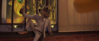 Movie still from “The Bad Guys” (2022), directed by Pierre Perifel – A dog dressed in a white shirt and a tie leaning against a wall; Medium shot, Low angle