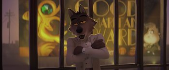 Movie still from “The Bad Guys” (2022), directed by Pierre Perifel – A cartoon wolf wearing a white shirt and a white tie; Medium shot, Over the shoulder angle
