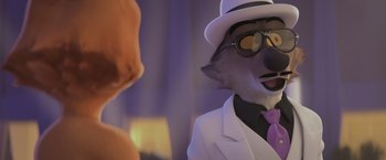 Movie still from “The Bad Guys” (2022), directed by Pierre Perifel – A dog wearing a white suit and a white hat; Close Up shot, Over the shoulder angle