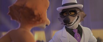 Movie still from “The Bad Guys” (2022), directed by Pierre Perifel – A man in a white suit and a dog in a white hat; Close Up shot, Over the shoulder angle