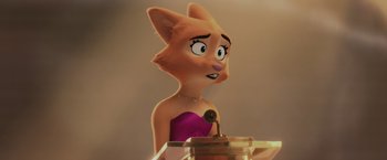 Movie still from “The Bad Guys” (2022), directed by Pierre Perifel – A woman in a pink dress standing in front of a microphone; Close Up shot, Over the shoulder angle