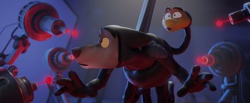 Movie still from “The Bad Guys” (2022), directed by Pierre Perifel – A dog and a bird are in a room together; Medium shot, High angle