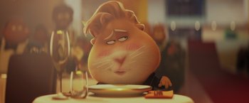 Movie still from “The Bad Guys” (2022), directed by Pierre Perifel – A cartoon character sitting at a dinner table; Close Up shot, Over the shoulder angle