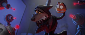 Movie still from “The Bad Guys” (2022), directed by Pierre Perifel – A cartoon of a dog and a cat in a dark room; Medium shot, High angle