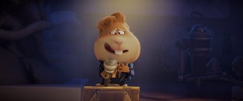 Movie still from “The Bad Guys” (2022), directed by Pierre Perifel – A cartoon character is holding a microphone and smiling; Close Up shot, Low angle