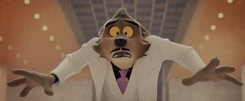 Movie still from “The Bad Guys” (2022), directed by Pierre Perifel – A cartoon of a dog wearing a suit and tie; Medium shot, Low angle