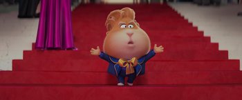 Movie still from “The Bad Guys” (2022), directed by Pierre Perifel – A cartoon character is standing on a red staircase; Medium shot, Low angle