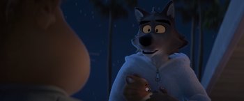 Movie still from “The Bad Guys” (2022), directed by Pierre Perifel – A cartoon of a dog and a cat in the dark; Medium shot, Over the shoulder angle