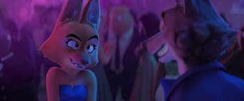 Movie still from “The Bad Guys” (2022), directed by Pierre Perifel – A group of people in a room with a purple light; Close Up shot, Over the shoulder angle