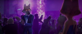 Movie still from “The Bad Guys” (2022), directed by Pierre Perifel – A group of people dancing in a room with purple lights; Medium shot, Over the shoulder angle