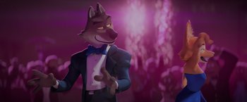 Movie still from “The Bad Guys” (2022), directed by Pierre Perifel – A cartoon wolf wearing a suit and bow tie; Medium shot, Over the shoulder angle