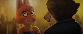 Movie still from “The Bad Guys” (2022), directed by Pierre Perifel – A woman and a dog face each other in front of each other; Close Up shot, Over the shoulder angle