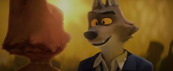 Movie still from “The Bad Guys” (2022), directed by Pierre Perifel – A cartoon picture of a man and a wolf; Close Up shot, Over the shoulder angle