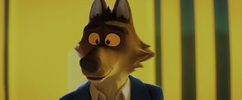 Movie still from “The Bad Guys” (2022), directed by Pierre Perifel – A cartoon of a dog wearing a suit and tie; Close Up shot, Over the shoulder angle