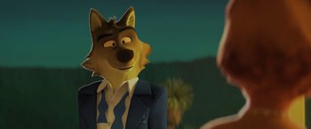 Movie still from “The Bad Guys” (2022), directed by Pierre Perifel – A cartoon wolf wearing a suit and tie; Close Up shot, Over the shoulder angle