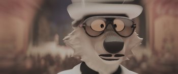 Movie still from “The Bad Guys” (2022), directed by Pierre Perifel – A cartoon character wearing a hat and glasses; Extreme Close Up shot, Over the shoulder angle