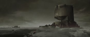Movie still from “The Bad Guys” (2022), directed by Pierre Perifel – An image of an ocean with a building in the middle of it; Extreme Wide shot, Low angle