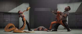 Movie still from “The Bad Guys” (2022), directed by Pierre Perifel – A group of cartoon characters fighting over a man; Wide shot, High angle