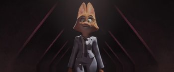 Movie still from “The Bad Guys” (2022), directed by Pierre Perifel – An animated character wearing a suit and glasses; Medium shot, Low angle