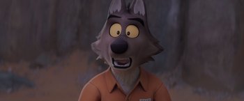 Movie still from “The Bad Guys” (2022), directed by Pierre Perifel – A cartoon of a man with a wolf mask on his head; Close Up shot, High angle