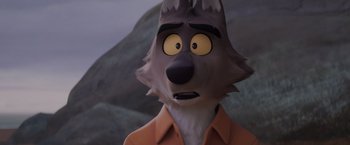 Movie still from “The Bad Guys” (2022), directed by Pierre Perifel – A cartoon of a man with a wolf's face; Close Up shot, High angle