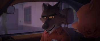 Movie still from “The Bad Guys” (2022), directed by Pierre Perifel – A cartoon of a man with a wolf mask; Close Up shot, High angle