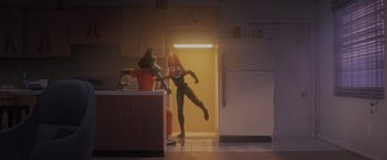 Movie still from “The Bad Guys” (2022), directed by Pierre Perifel – An image of an animated character in a kitchen; Wide shot, Over the shoulder angle