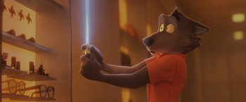 Movie still from “The Bad Guys” (2022), directed by Pierre Perifel – A dog holding a cigarette in his hand; Medium shot, High angle