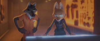 Movie still from “The Bad Guys” (2022), directed by Pierre Perifel – A couple of cartoon characters standing next to each other; Medium shot, Over the shoulder angle