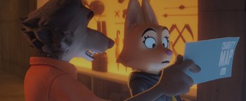 Movie still from “The Bad Guys” (2022), directed by Pierre Perifel – A character's face in a scene from the animated movie zootopia; Close Up shot, Over the shoulder angle