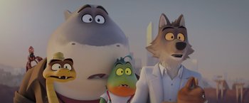 Movie still from “The Bad Guys” (2022), directed by Pierre Perifel – A group of cartoon characters standing next to each other; Medium shot, Low angle