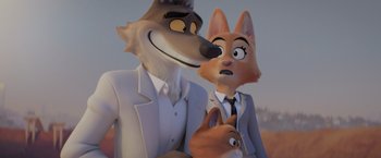 Movie still from “The Bad Guys” (2022), directed by Pierre Perifel – A couple of animals that are standing next to each other; Close Up shot, High angle