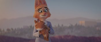 Movie still from “The Bad Guys” (2022), directed by Pierre Perifel – An animated character holding a cat in his arms; Close Up shot, Over the shoulder angle