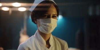 Movie still from “The Big 4” (2022), directed by Timo Tjahjanto – A woman wearing a medical mask in a hospital room; Close Up shot, Low angle