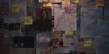 Movie still from “The Big 4” (2022), directed by Timo Tjahjanto – A wall covered with papers and pictures of a man; Extreme Close Up shot, High angle