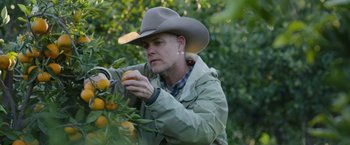 Movie still from “The Biggest Little Farm: The Return” (2022), directed by John Chester – A man wearing a cowboy hat picking oranges from an orange tree; Close Up shot, Low angle