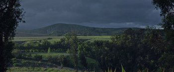 Movie still from “The Biggest Little Farm: The Return” (2022), directed by John Chester – A view of a lush green field with a dark sky above it; Extreme Wide shot, Low angle