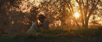 Movie still from “The Biggest Little Farm: The Return” (2022), directed by John Chester – A man and a dog sitting in the grass at sunset; Wide shot, Low angle