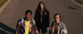 Movie still from “The Binge” (2020), directed by Jeremy Garelick – A group of young men standing next to each other; Medium shot, Low angle