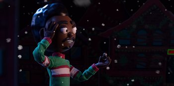 Movie still from “It's A Wonderful Binge” (2022), directed by Jordan VanDina – A cartoon of a man with a ring in his hand; Close Up shot, Over the shoulder angle