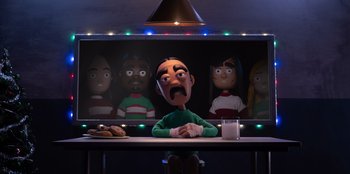 Movie still from “It's A Wonderful Binge” (2022), directed by Jordan VanDina – A man sitting in front of a group of cartoon characters; Medium shot, Over the shoulder angle