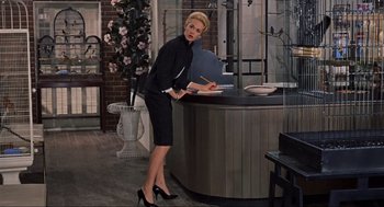 Movie still from “The Birds” (1963), directed by Alfred Hitchcock – A woman standing in front of a counter in a room; Medium shot, Low angle