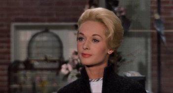 Movie still from “The Birds” (1963), directed by Alfred Hitchcock – A person wearing a black jacket; Close Up shot, Low angle