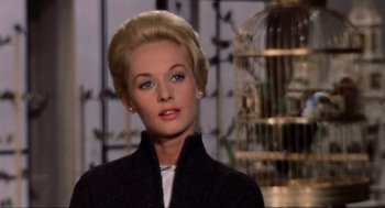 Movie still from “The Birds” (1963), directed by Alfred Hitchcock – A person wearing a jacket; Close Up shot, Low angle