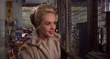 Movie still from “The Birds” (1963), directed by Alfred Hitchcock – A woman in a fur coat smiling for the camera; Close Up shot, Over the shoulder angle