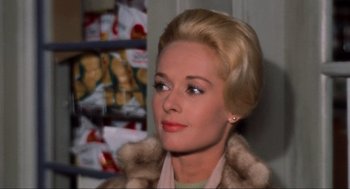 Movie still from “The Birds” (1963), directed by Alfred Hitchcock – A person wearing a fur coat; Close Up shot, Over the shoulder angle