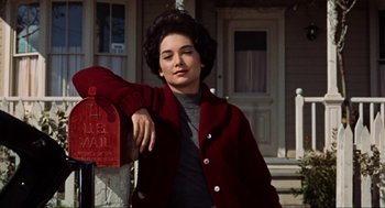 Movie still from “The Birds” (1963), directed by Alfred Hitchcock – A woman leaning on a post in front of a house; Medium shot, Low angle