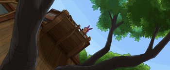 Movie still from “The Bob's Burgers Movie” (2022), directed by Loren Bouchard – A cartoon of an animal standing on top of a wooden structure; Extreme Wide shot, Low angle